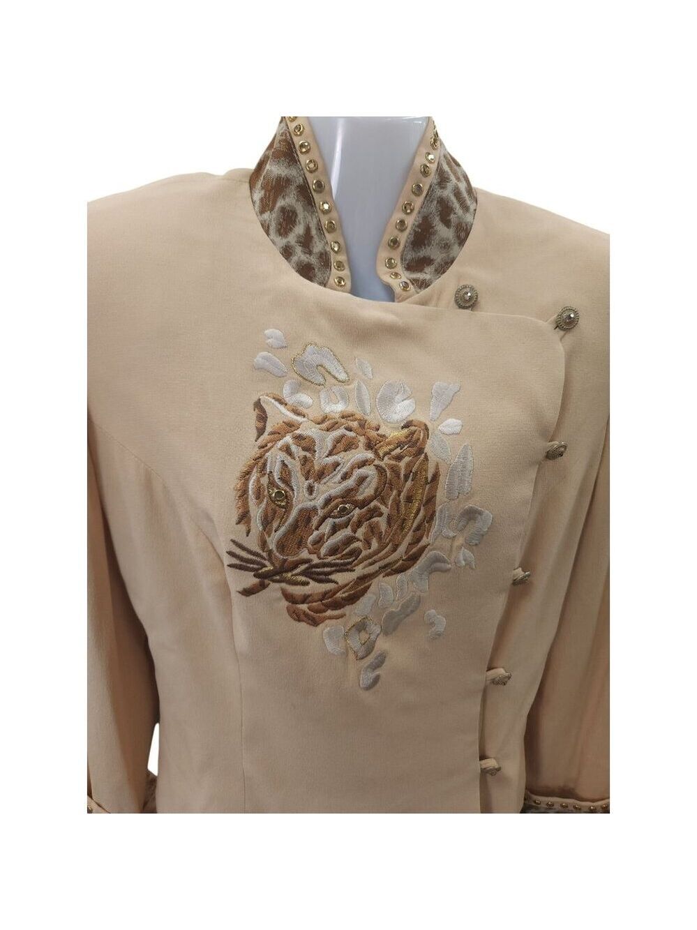 High Drama Womens Blazer Size 8 Beige Leopard Vintage 80s Embroidered Tiger Desi